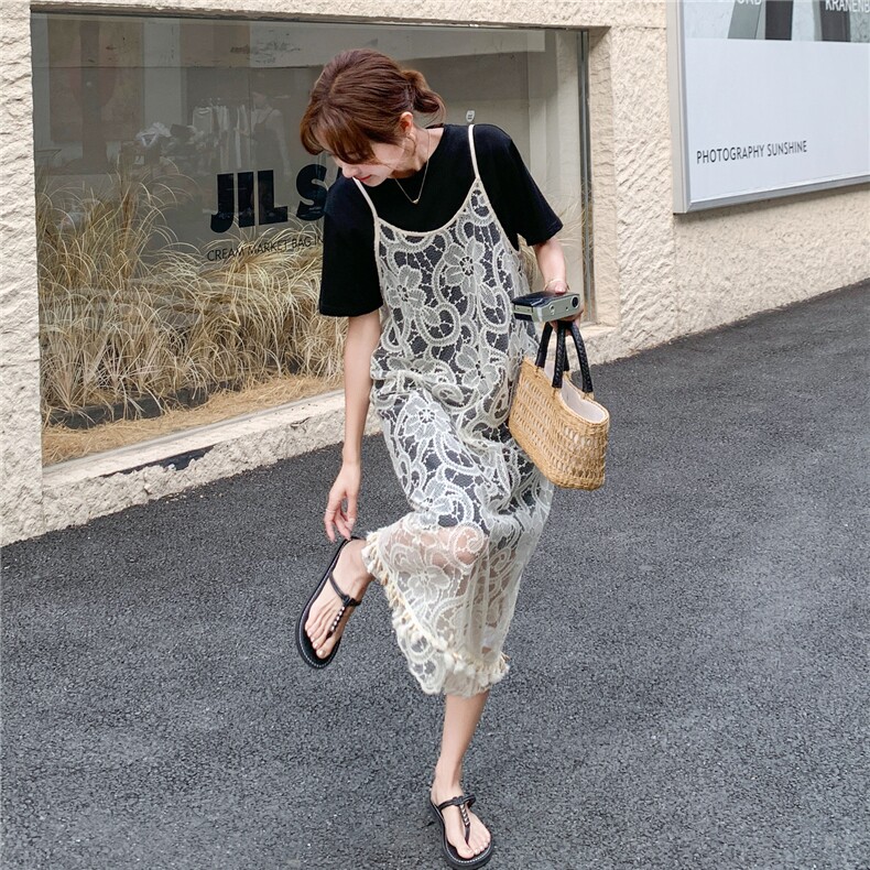 吊带蕾丝罩衫叠穿T恤裙套装女2025夏季新款设计感宽松显瘦连衣裙,女装套装/套裙,2C203