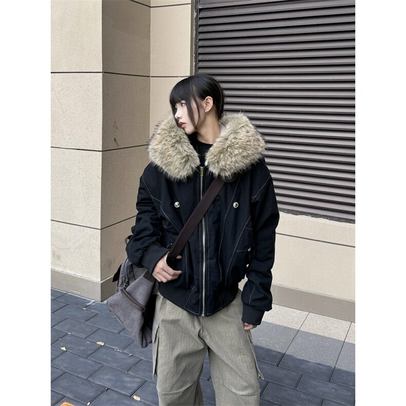 黑色大毛领派克服棉服秋冬新款宽松短款夹克保暖厚外套,男装夹克,四季星座505
