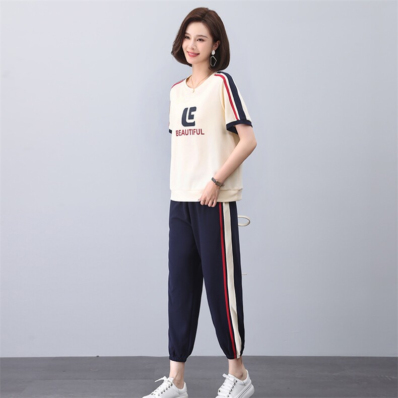 卫衣套装女2025夏季新款时尚休闲运动撞色中年妈妈短袖t恤两件套,女装套装/套裙,独衣靓