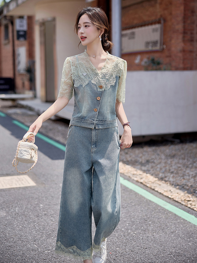小香风蕾丝套装女2025夏日新款小个子时尚巨好看天丝牛仔两件套裤,女装套装/套裙,仟媚宠