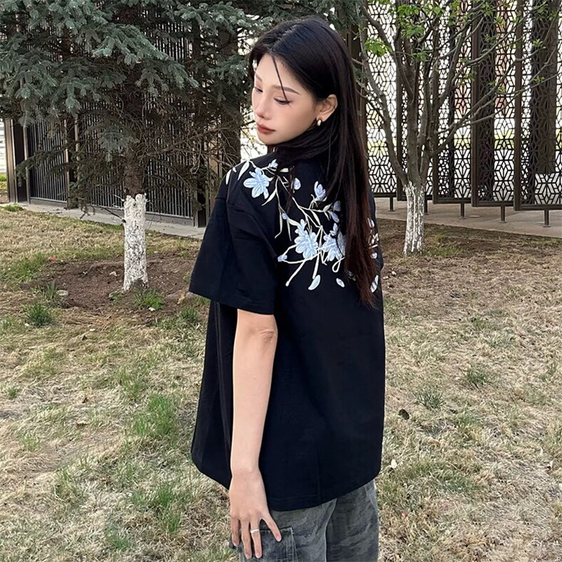 万针全刺绣解构设计260克重磅双纱纯棉高品质美式高街短袖T恤特35,男装T恤,电商A486