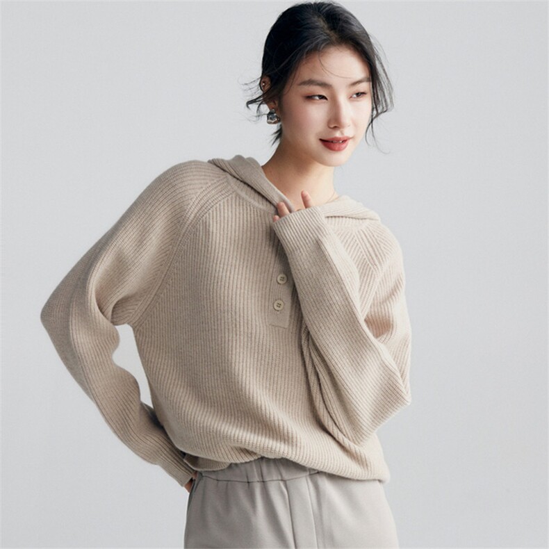 秋冬款系扣连帽衫女宽松大码羊毛帽衫针织半开扣毛衣打底衫厚,女装羊毛衫,米鹿服饰