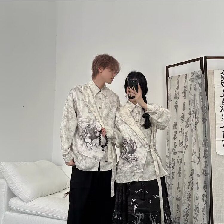 衬衫长袖男春秋2025新款水墨印花炸街痞帅上衣潮牌高级感衬衣外套,男装衬衫,星座506A