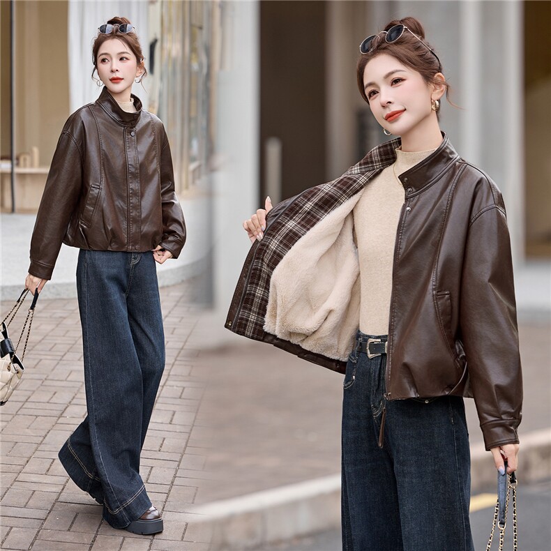 BAO加单了欧货格子衬衫拼接皮短女秋季新款宽松显瘦PU皮夹克上衣，女装皮衣，潮流依族