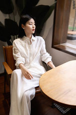 春夏新款亚麻重工刺绣白色翻领气质衬衫，女装衬衫，湘姗