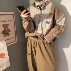 593-P38日系复古情侣毛衣春季拼色小熊学院风圆领宽松慵懒风，男装T恤，电商B323A
