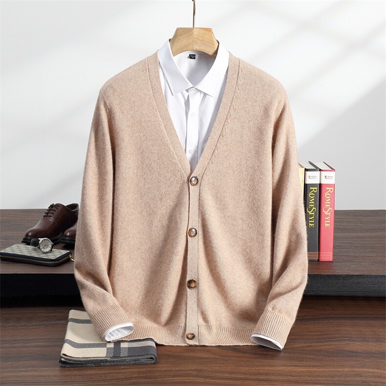 秋冬季35%羊绒休闲商务简约时尚百搭七针平面开衫男装，男装羊绒开衫，纳丰羊绒