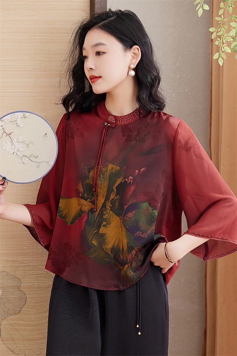 新中式中老年重磅真丝半袖上衣夏季妈妈女桑蚕丝时尚T恤衫,女装衬衫,媚琳依坊