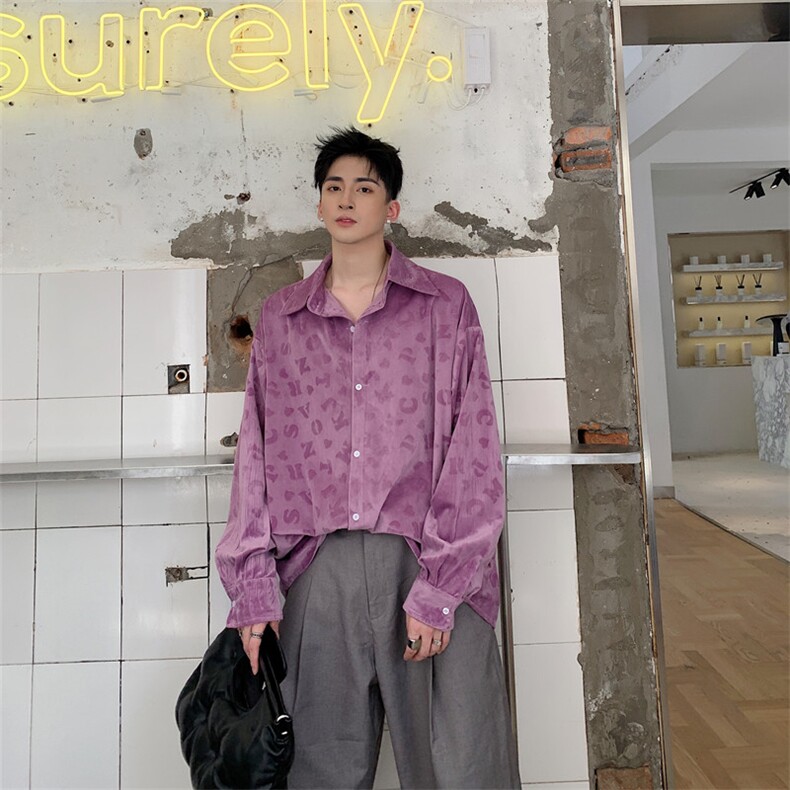 定制面料丝绒烫印字母衬衫男慵懒宽松气质型上衣外套A452-19C,男装衬衫,电商A452