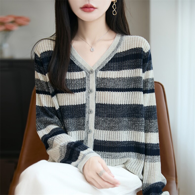 韩系撞色条纹v领针织开衫女短外套薄毛衣外搭小衫上衣2025春秋新,女装羊毛衫,九嘉羊绒