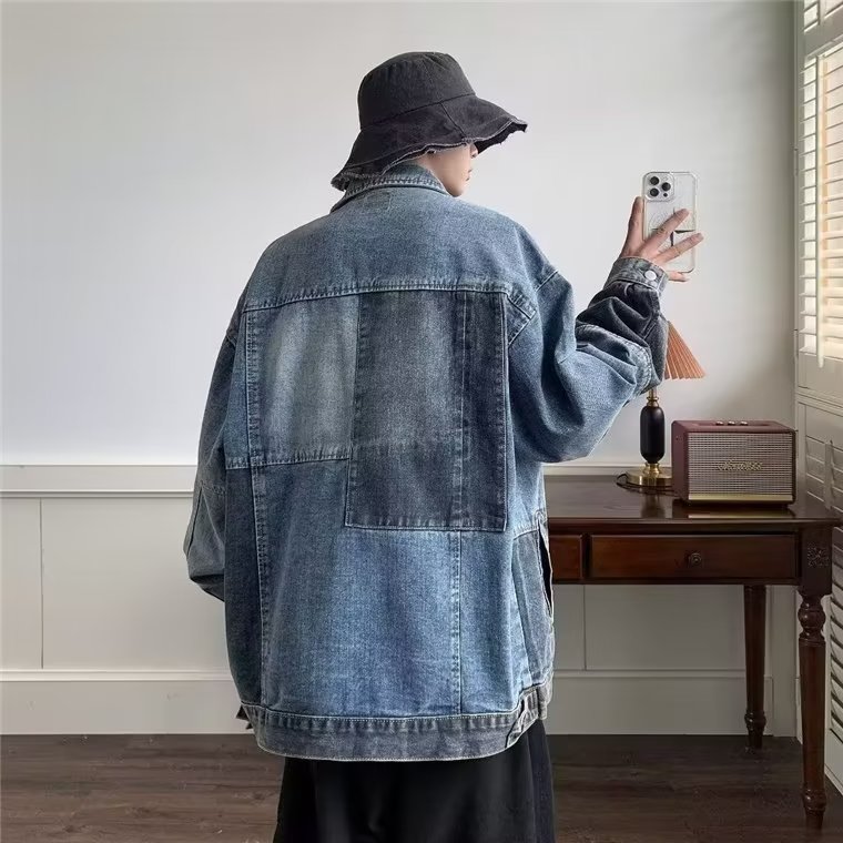 春秋新款日系复古撞色拼接牛仔外套男潮牌宽松翻领水洗休闲夹克潮,男装工装外套,星座715-4