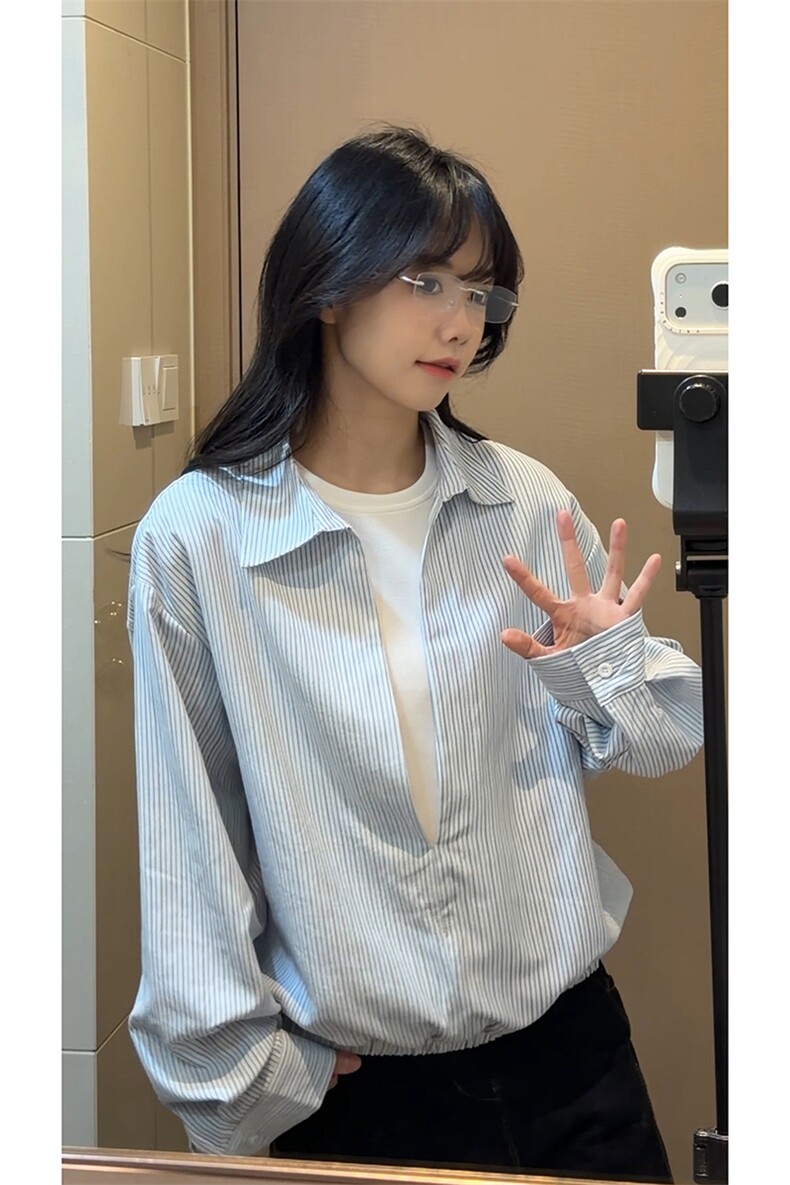 翻领拼接宽松衬衫美式复古假两件条纹衬衫HY921TP48控88,男装衬衫,电商A102B