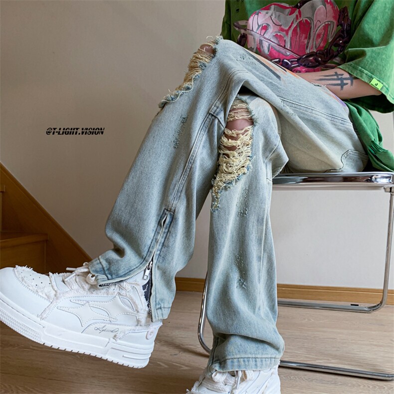 B221 美式ins嘻哈色彩涂鸦小众拉链破洞牛仔裤 LK23085-P65 控88图片