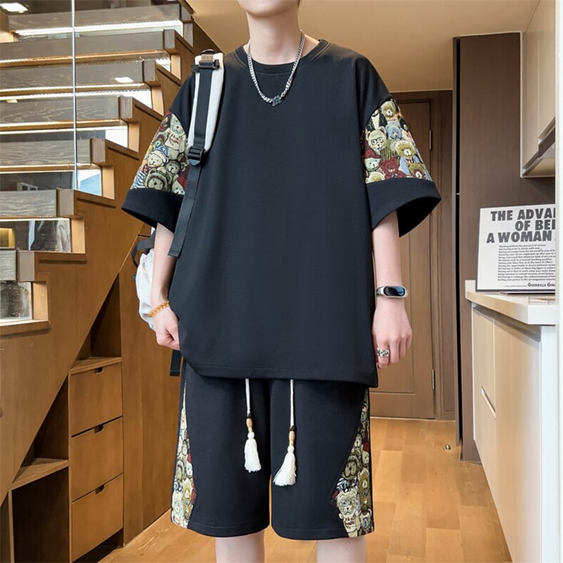 光版二开刺绣休闲运动套装宽松薄款一套夏季大码A266-TZ88580-P50,男装休闲套装,电商A266