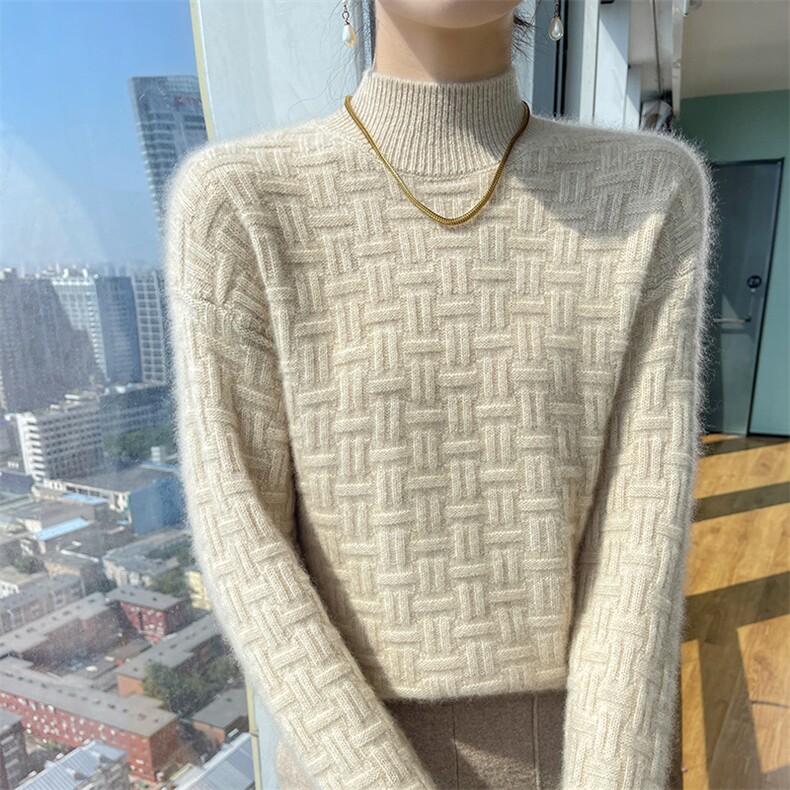 2025秋冬半高领提花100%羊毛衫女加厚席编针织毛衣长袖宽松羊绒衫图片