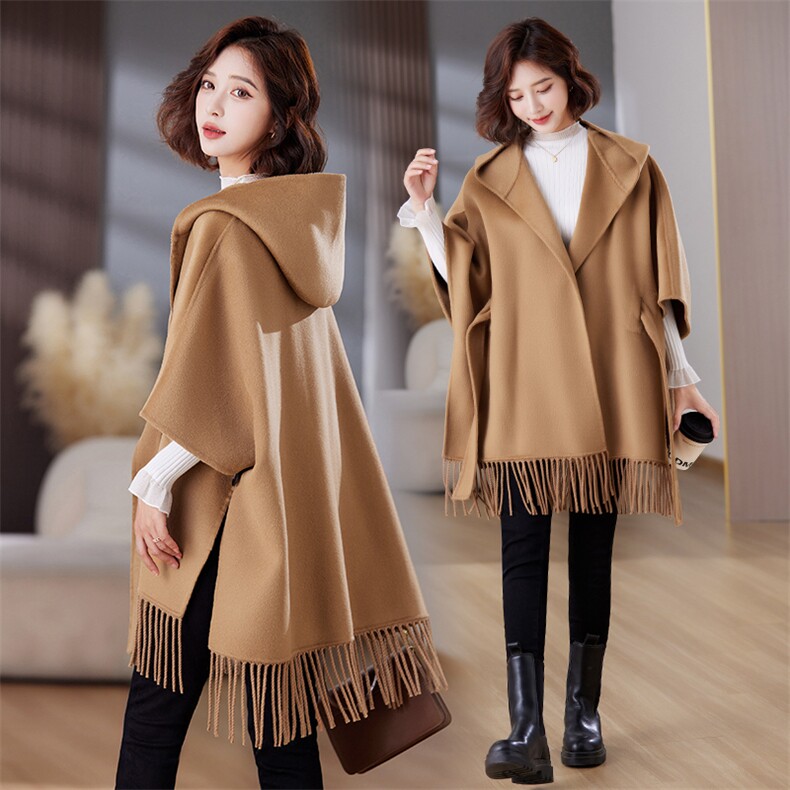 2024秋冬时尚新款洋气蝙蝠大版系带连帽100%羊毛双面呢大衣外套，女装双面呢大衣，媚琳依坊