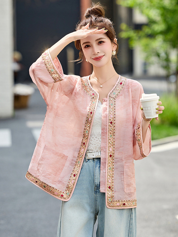 年轻款漂亮提花外套女中长款2025夏高端缎面减龄收腰显瘦上衣,女装短外套,韩宇舍