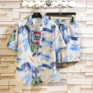 夏季青年花色印花衬衫套装男士多色宽松短裤套装TZ008-P45-控价79图片