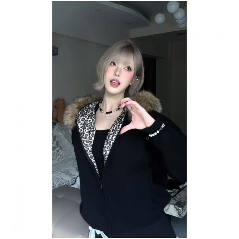 美式高级毛领蓬松连帽卫衣男女2025秋冬宽松加绒加厚拉链外套,女装短外套,四季星座505