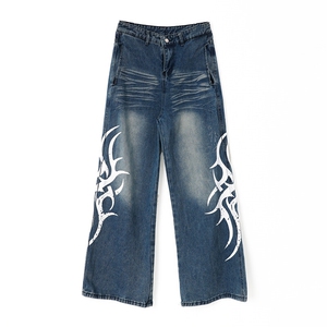 设计感撞色刀锋印花牛仔裤男女夏季新款美式宽松拖地裤潮N148-P52图片
