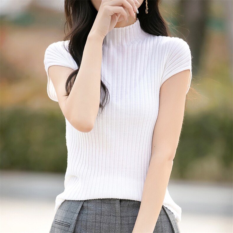 法式半高领针织短袖女T恤连肩小飞袖修身显腰身春秋紧身内搭打底图片