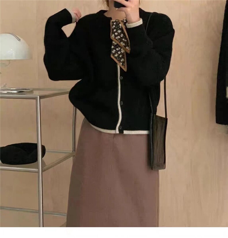 秋季新款舒适显瘦时尚丝巾拼色针织开衫,女装羊毛衫,恒恩羊绒