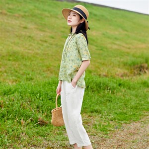 苎麻文艺风2026年春季女短袖宽松薄图片