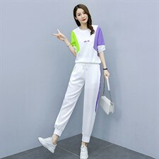 2021夏季新款简约时尚休闲气质圆领拼色舒适两件套，女装套装/套裙，秋水欣儿