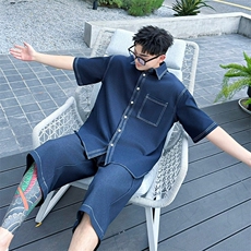 2025夏季韩系高档轻奢做旧Polo领牛仔短袖男士时尚套装TZ03/P178，男装休闲套装，星座305B