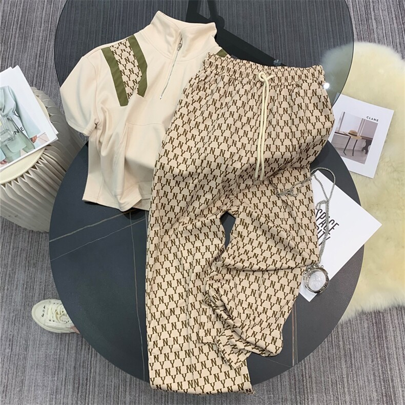 慵懒风时尚运动套装女夏季新款显瘦翻领短袖上衣阔腿长裤两件套潮图片