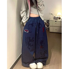 蓝色卡通阔腿裤女2025秋冬季复古显瘦直筒裤子休闲裤子KW18，男装休闲裤，星座1116A（原606A-3）
