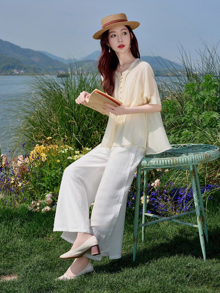高级感贵气天丝套装女2026夏季新款妈妈亚麻阔腿裤御姐两件套,女装套装/套裙,水衣源
