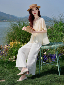 高级感贵气天丝套装女2026夏季新款妈妈亚麻阔腿裤御姐两件套图片