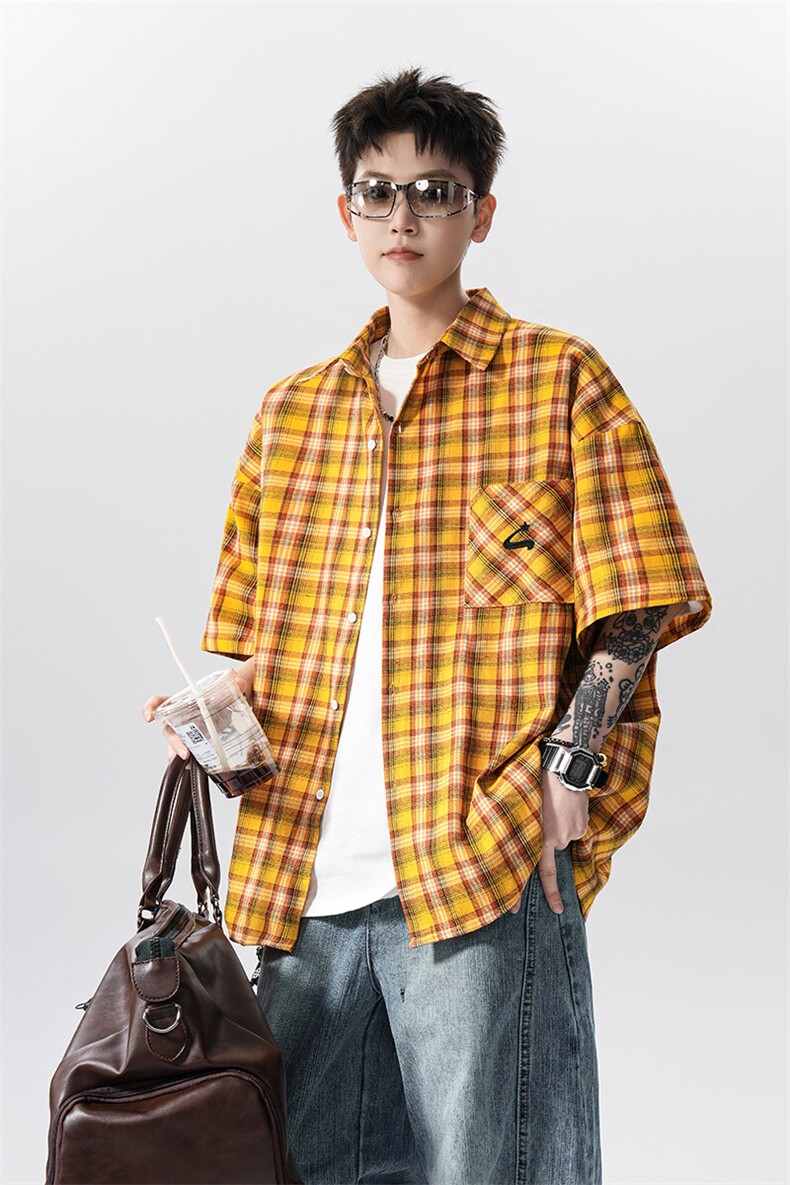 黄色格子短袖衬衫外套男xh115-特p40,男装T恤,电商B367
