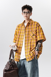 黄色格子短袖衬衫外套男 xh115-特p40图片
