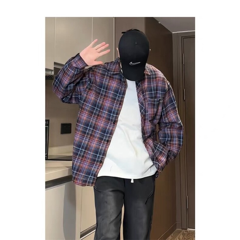网络图CS337#秋季款-格子衬衫紫色原版棉布高质量M-3XLP26,男装衬衫,星座506A