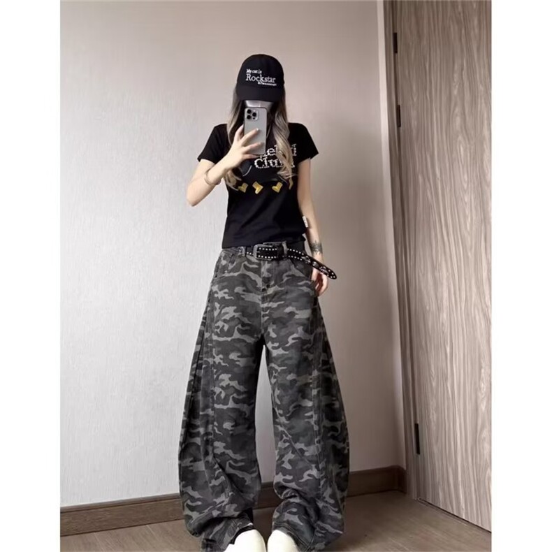 美式高街迷彩工装牛仔裤男女新款复古宽松阔腿拖地长裤子-网图,男装牛仔裤,星座302B-2