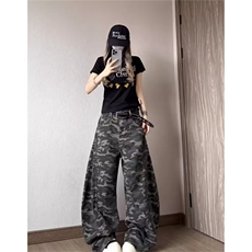 美式高街迷彩工装牛仔裤男女新款复古宽松阔腿拖地长裤子-网图，男装牛仔裤，星座302B-2