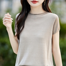 法式圆领针织小飞袖T恤女2025夏薄透气无缝短袖小衫上衣打底T恤衫，女装T恤，斯美雅电商供货