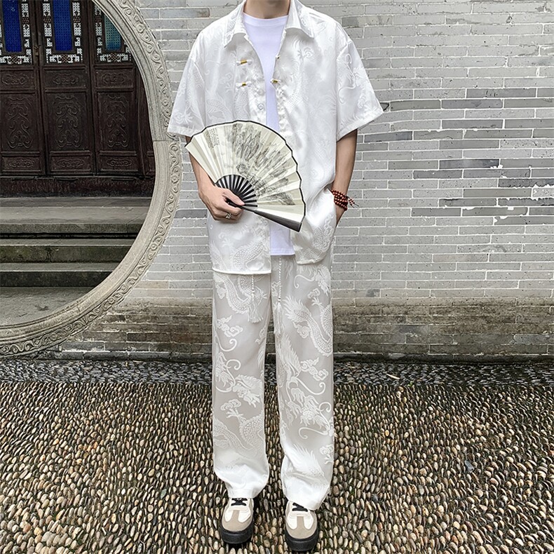 风夏男套装男龙纹衬衫短袖衬衫长裤唐装TZ60 P70图片