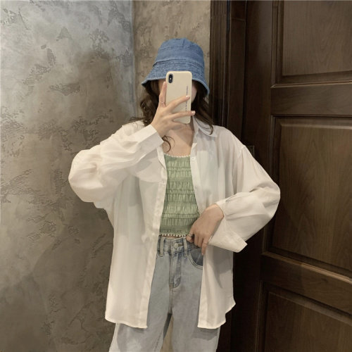 价韩版复古宽松显瘦百搭长袖衬衣后开叉中长款防晒衫，女装衬衫，潮品会