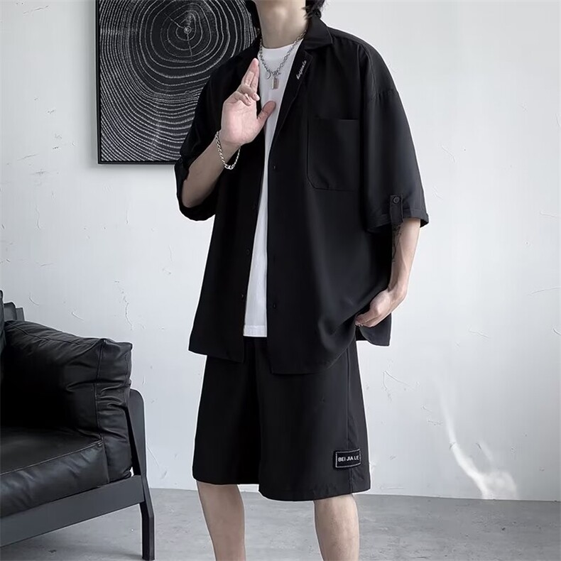 时尚套装男短袖西装衬衫短裤潮牌夏季休闲两件套 L752 P45图片