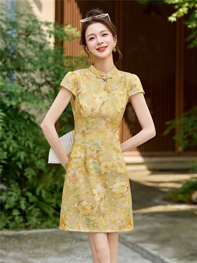 新中式改良旗袍连衣裙女夏复古印花收腰显瘦A字裙气质,女装连衣裙,丽影随形
