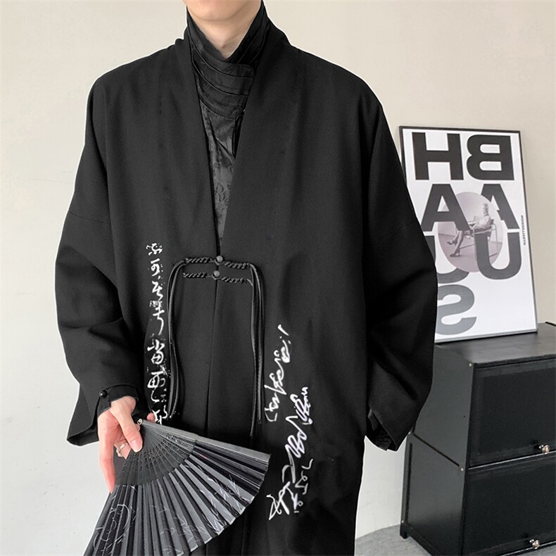 改版修正秋装新风书法刺绣风衣新中式长款汉服开衫褙子外套大码,男装风衣,星座909