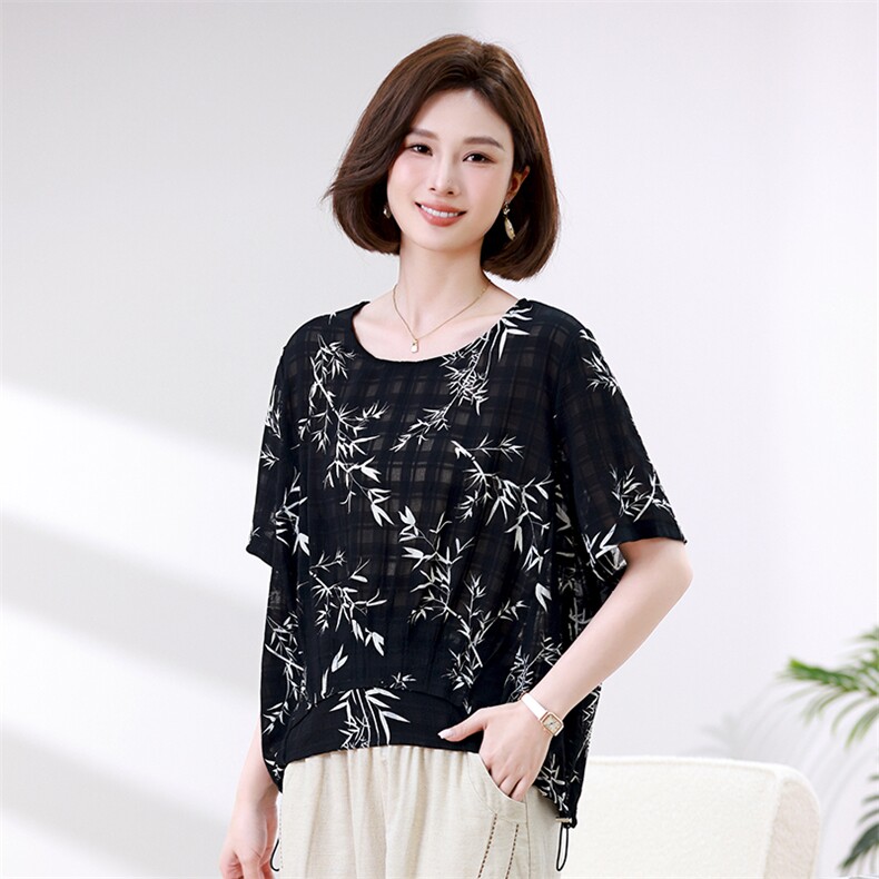 时尚竹叶印花宽松短袖T恤女夏季新款韩版百搭显瘦上衣,女装衬衫,叶笙衣