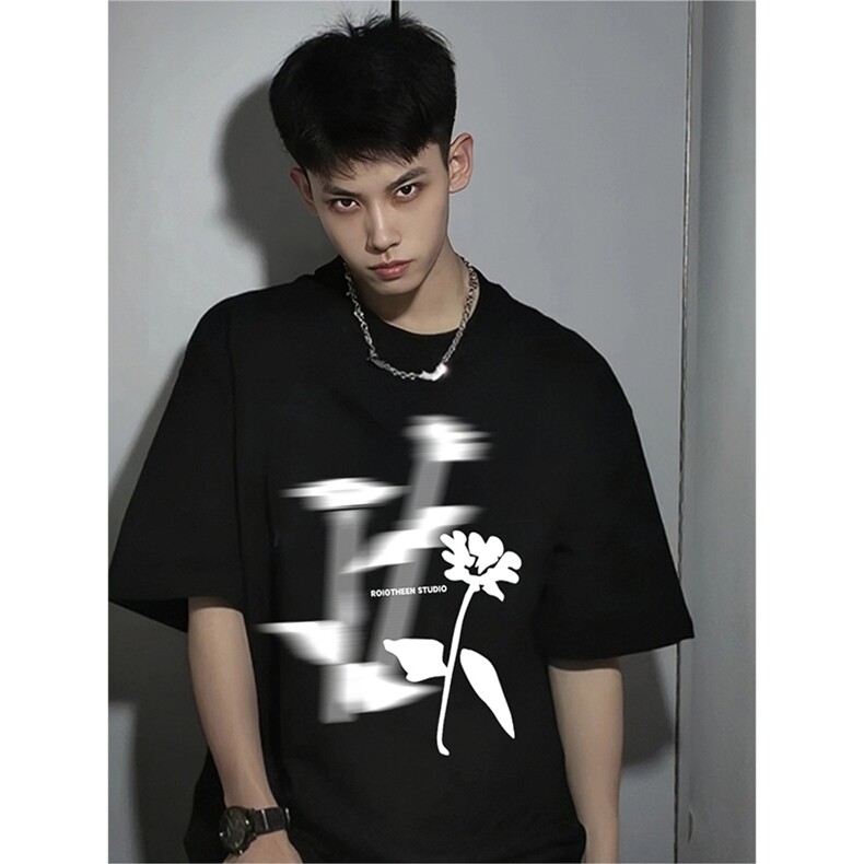 抖音得物供货现货210克宽松纯棉美式潮牌印花落肩袖纯棉T恤AT2135，男装T恤，电商A443