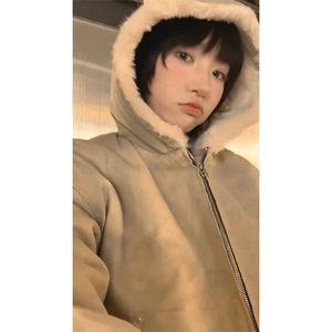 现货高品质美式冬季重磅座山雕大毛毛领pu皮棉衣男女加厚外套图片