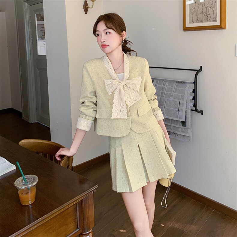 法式小香风小个子穿搭一整套女2025春新款蝴蝶结外套百褶裙两件套，女装套装/套裙，浙宝069