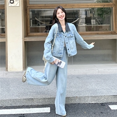 秋装新款！拼接牛仔外套阔腿裤两件套2C133-8980-P190-K258，女装套装/套裙，2C133
