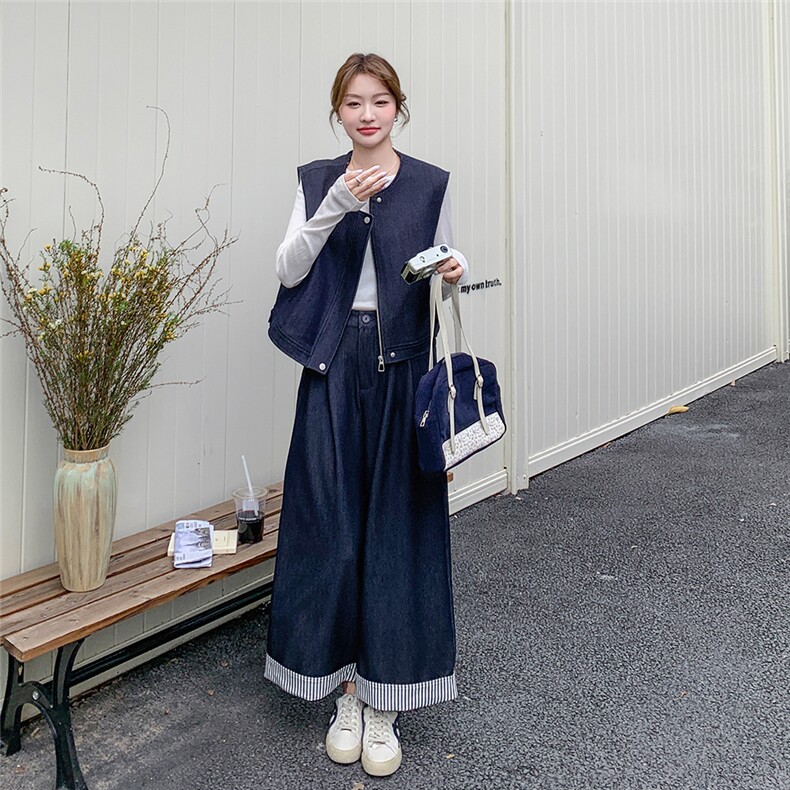 巨好看牛仔马甲条纹阔腿裤套装女春秋俏皮活泼两件套韩系绝美减龄，女装套装/套裙，浙宝069